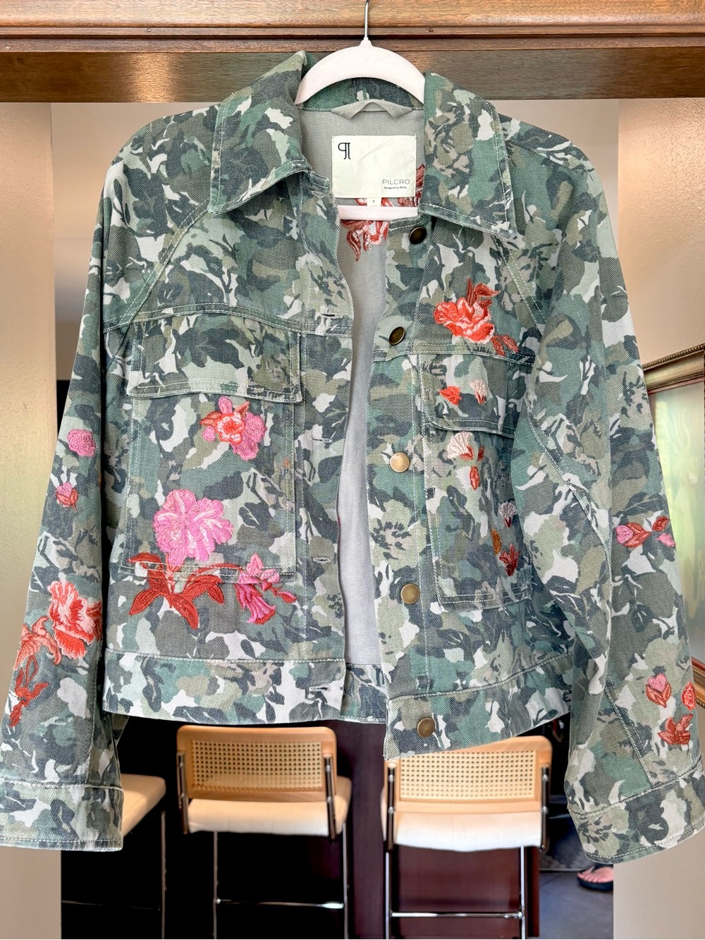 Pilcro Embroidered Camouflage Denim Jacket - Green Floral